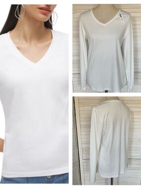 Chico’s White Cotton Long Sleeve V Neck T Shirt SZ L NWT…